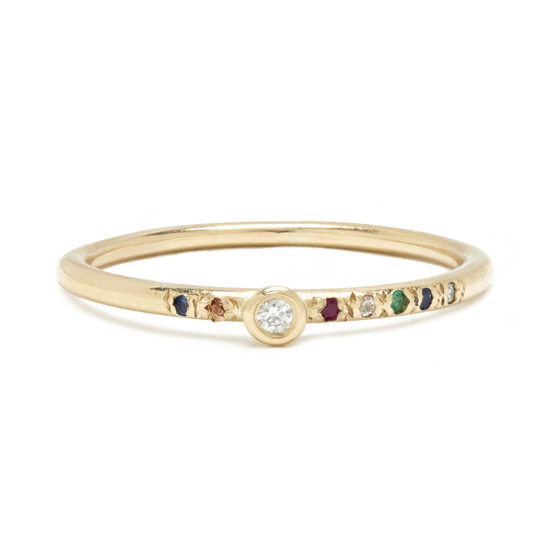 Seven Stone Stack Band in Gold with Mixed Stones and Diamond Bezel