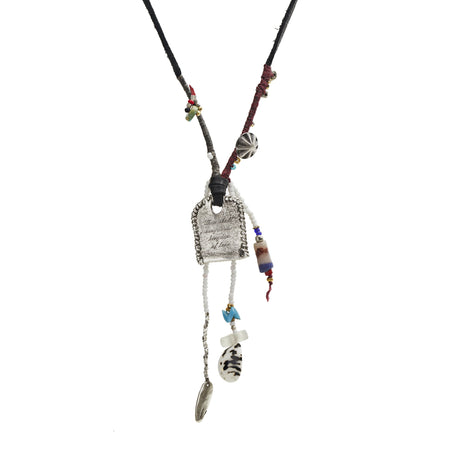 Leather Cord Charms Necklace with Silver Tag