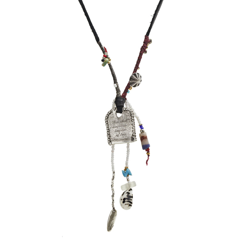 Leather Cord Charms Necklace with Silver Tag