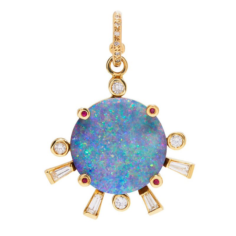Diamond Hoop and Opal Sunset Charm with Rubies